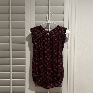 LOFT Burgundy Floral Ruffle Blouse